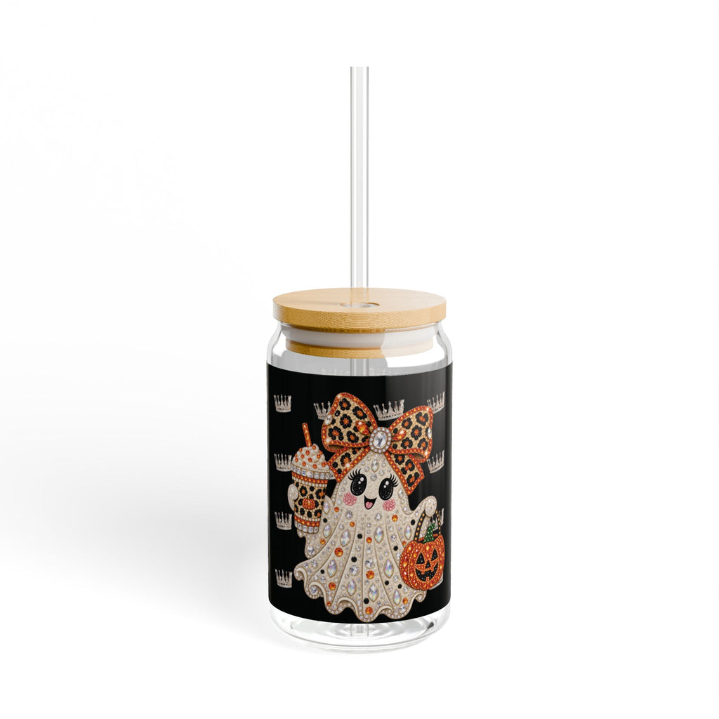 Vaso Sipper 16oz Fantasma de Diamantes Halloween | Vidrio Transparente con Tapa de Bambú y Pitillo
