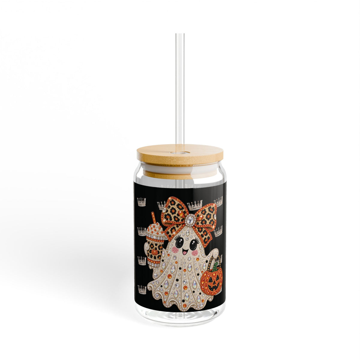 Vaso Sipper 16oz Fantasma de Diamantes Halloween | Vidrio Transparente con Tapa de Bambú y Pitillo