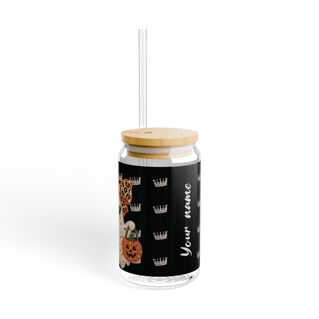 Vaso Sipper 16oz Fantasma de Diamantes Halloween | Vidrio Transparente con Tapa de Bambú y Pitillo