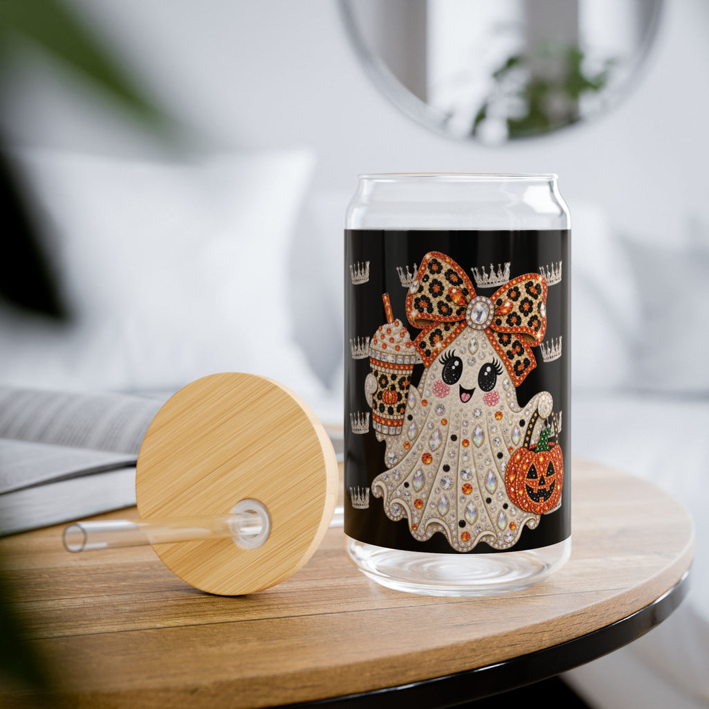 Vaso Sipper 16oz Fantasma de Diamantes Halloween | Vidrio Transparente con Tapa de Bambú y Pitillo