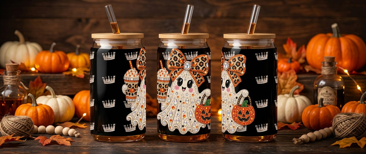 Vaso Sipper 16oz Fantasma de Diamantes Halloween | Vidrio Transparente con Tapa de Bambú y Pitillo