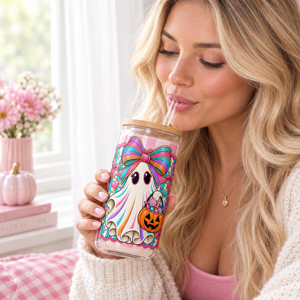 Vaso Sipper 16oz Fantasma Pastel Halloween — ¡Personalízalo con tu Nombre! | Diseño Lazo y Calabaza de Dulces