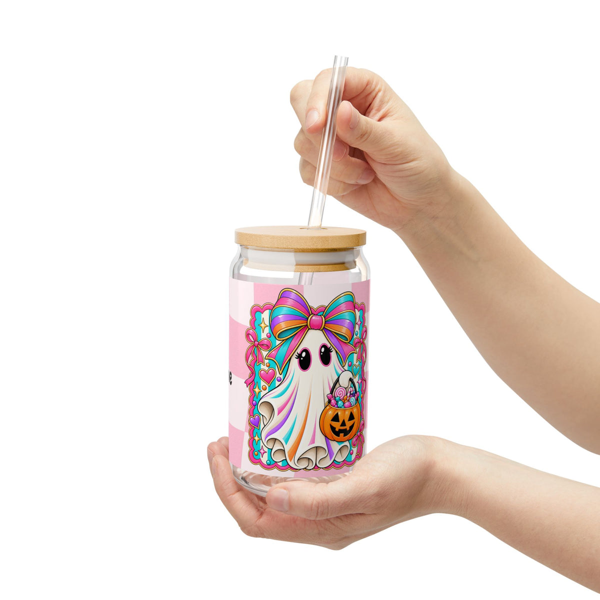 Vaso Sipper 16oz Fantasma Pastel Halloween — ¡Personalízalo con tu Nombre! | Diseño Lazo y Calabaza de Dulces