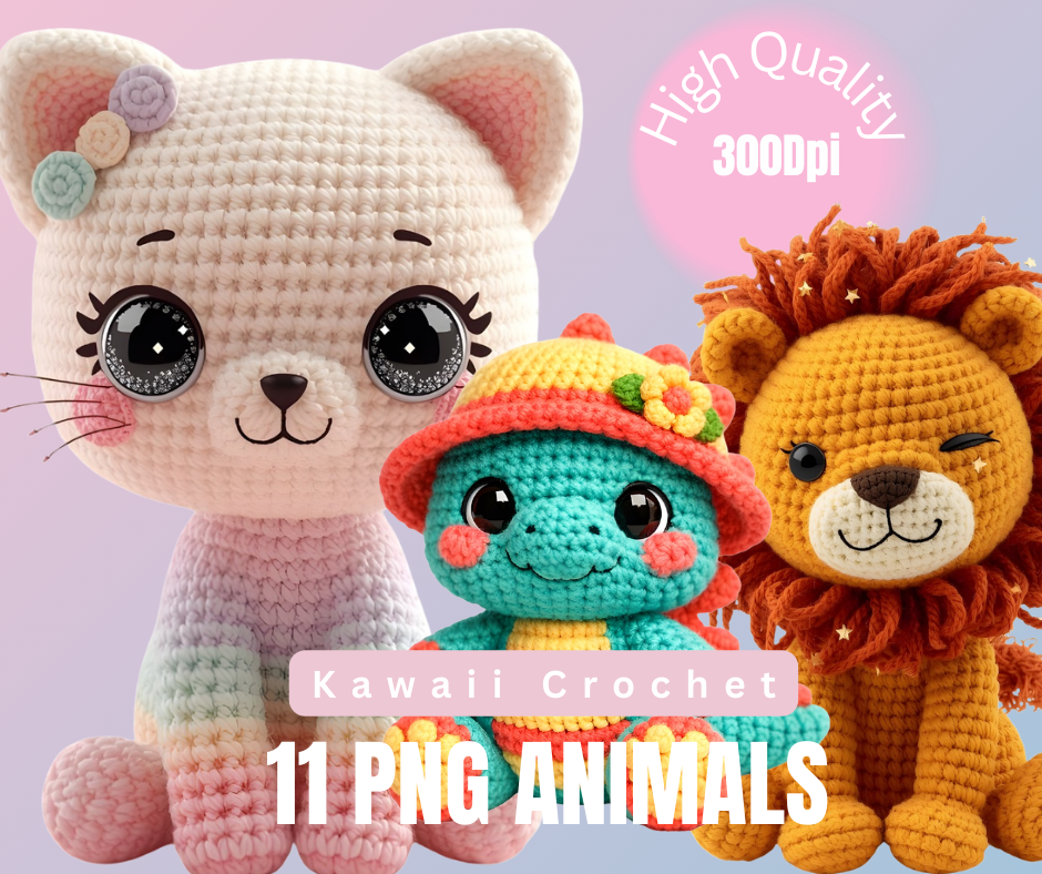 Kawaii Crochet Animals PNG Bundle – 11 Imágenes Amigurumi Alta Resolución (Set A)