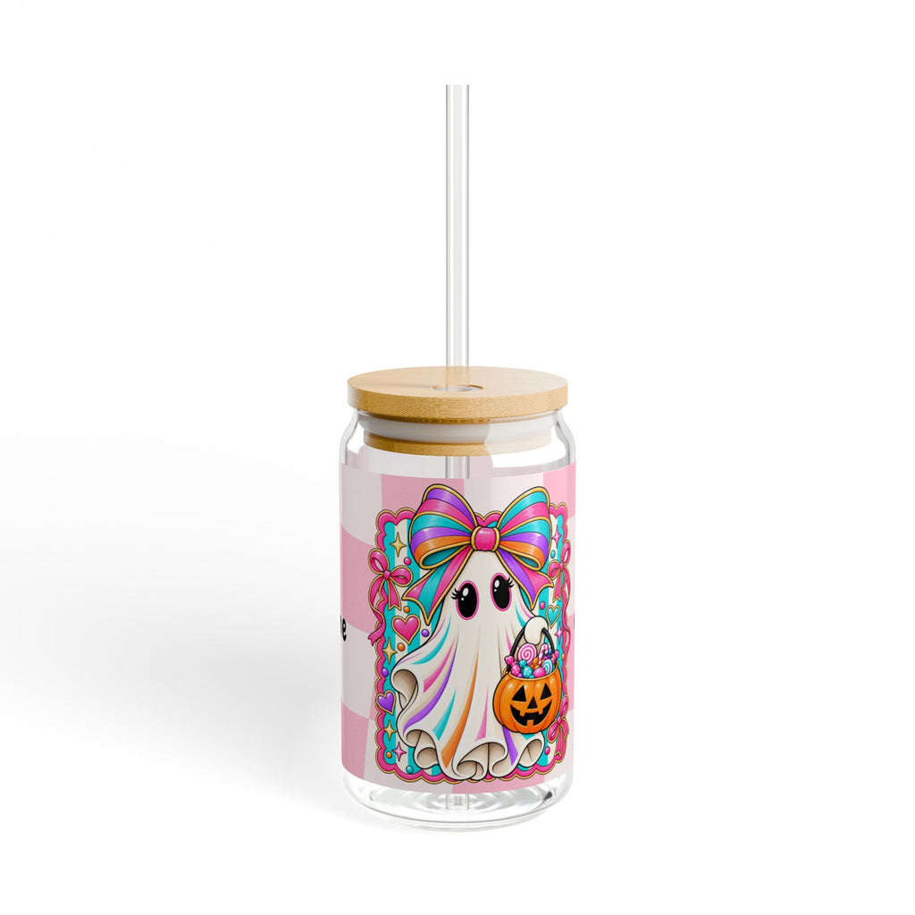 Vaso Sipper 16oz Fantasma Pastel Halloween — ¡Personalízalo con tu Nombre! | Diseño Lazo y Calabaza de Dulces