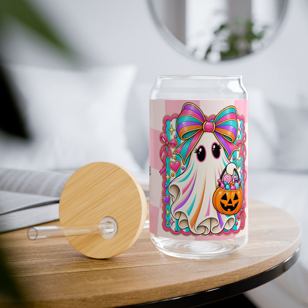 Vaso Sipper 16oz Fantasma Pastel Halloween — ¡Personalízalo con tu Nombre! | Diseño Lazo y Calabaza de Dulces
