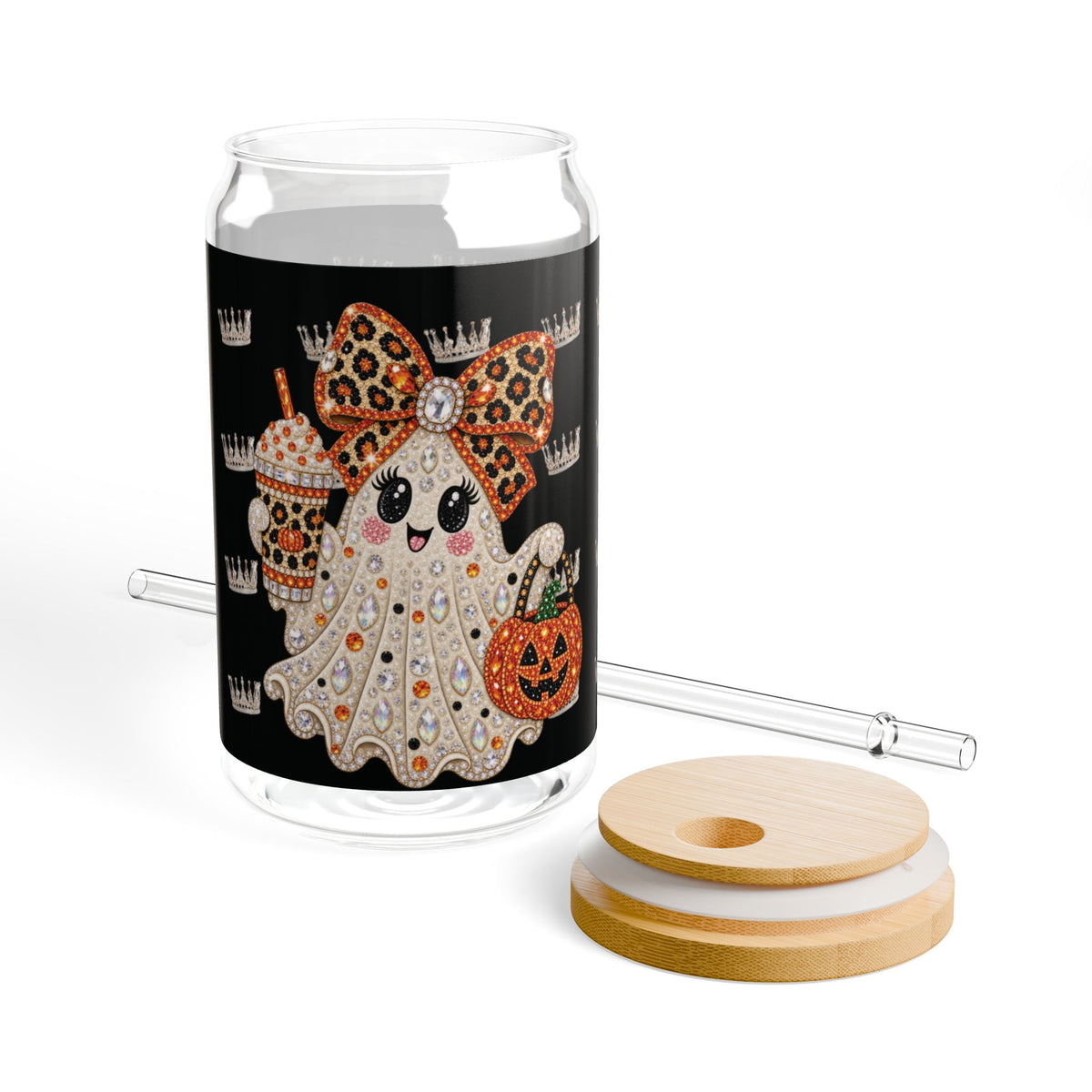 Vaso Sipper 16oz Fantasma de Diamantes Halloween | Vidrio Transparente con Tapa de Bambú y Pitillo