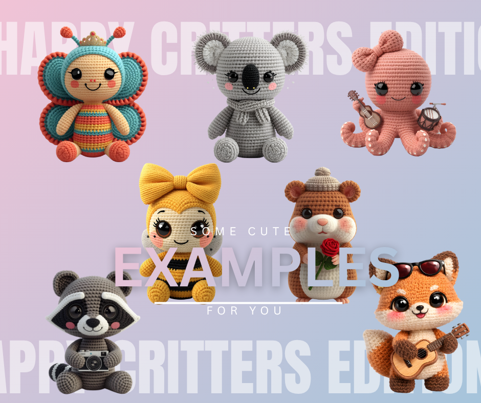 Kawaii Crochet Animals PNG Bundle – 12 Amigurumi Critters Yarn-Knit (Set B, Digital Download)