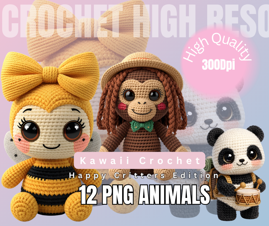 Kawaii Crochet Animals PNG Bundle – 12 Amigurumi Critters Yarn-Knit (Set B, Digital Download)